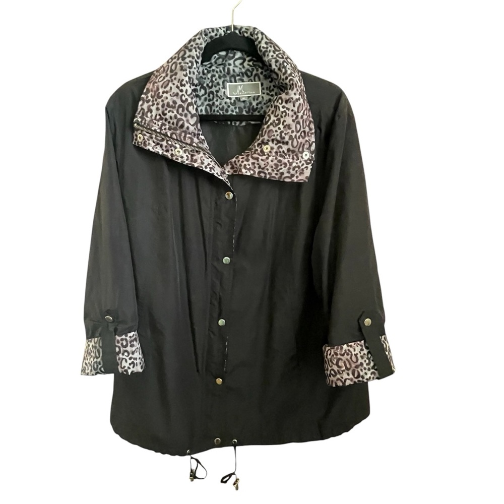 JM Collection Black with Leopard Trim Spring Jacket /Rain Jacket - XL